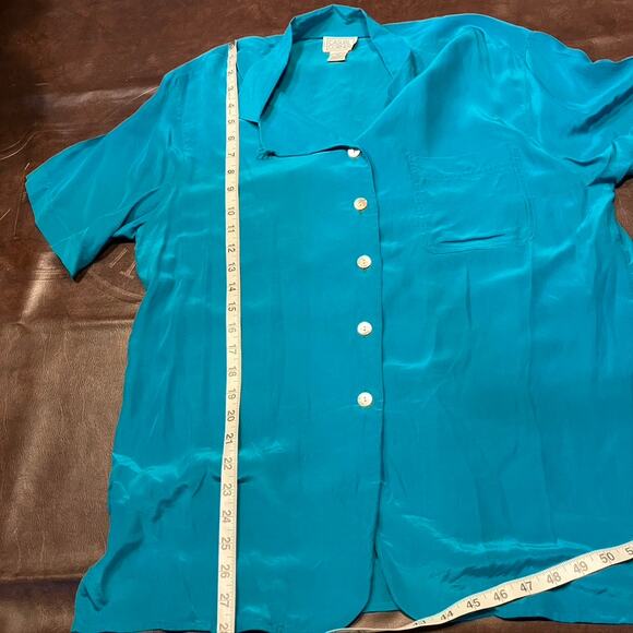 Vintage 80's Casual Corner 100% Silk Teal Button Up Short Sleeve blouse Womens M - Picture 16 of 16